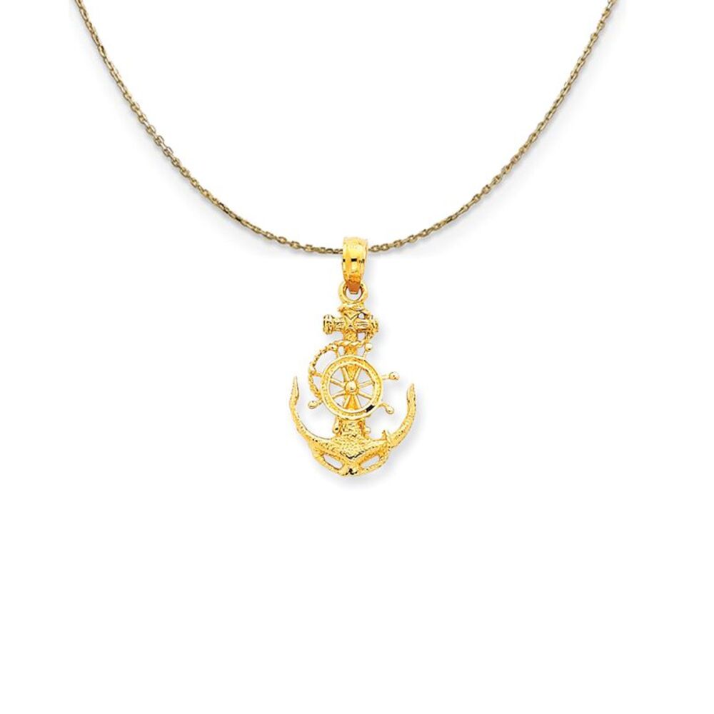 14k Yellow Gold Small Anchor, Ship's Wheel and Rope Necklace - 24 Inch